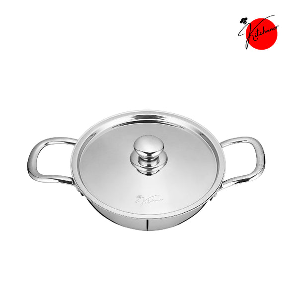 Stainless steel kadai with lid and dual handles displayed on white background .